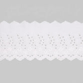 Premium cotton eyelet lace trim in white, ivory, and black, perfect for wedding dresses, blankets, pillows, and DIY crafts