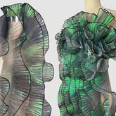 Model wearing Iridescent Chiffon Ruffle Trim, showing full length and ruffle details, ideal for costumes, dresses, and DIY projects