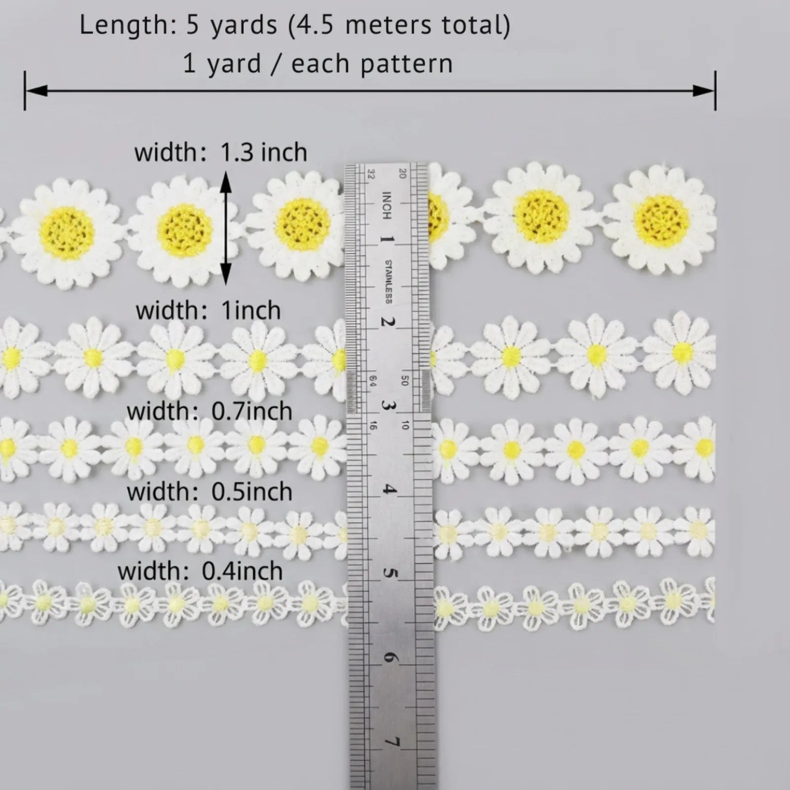 Daisy Flower Lace Trim with width measurement 2.5CM and total length 5Yards, scale for DIY projects