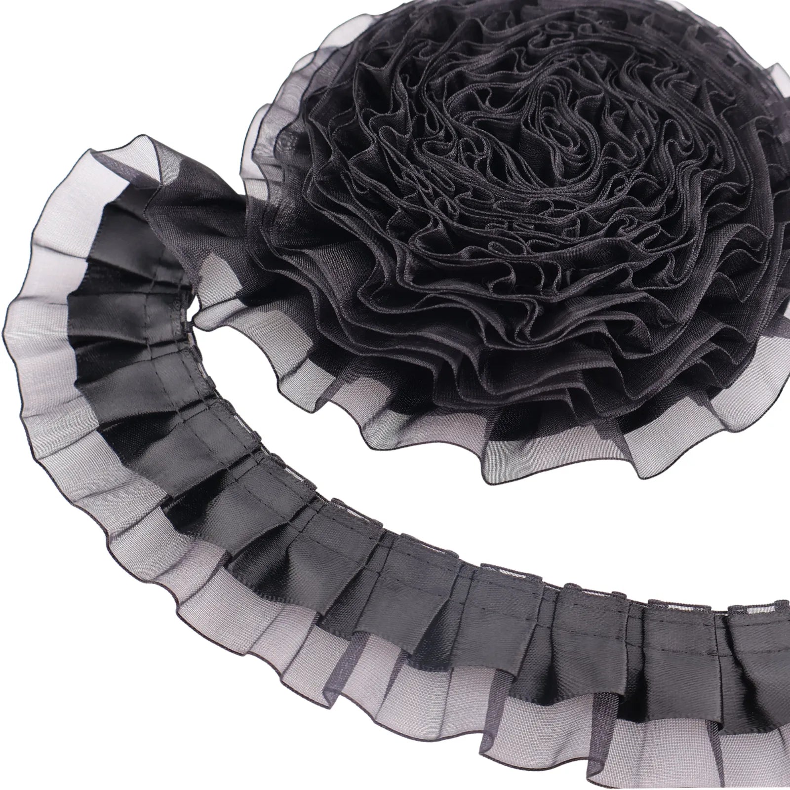 2-layer satin organza ruffle trim pleated edge ribbon, color: black, 4cm wide decorative sewing trim