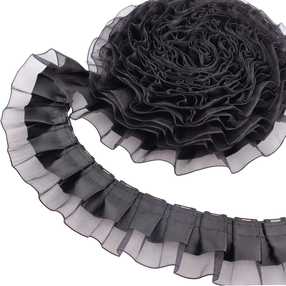2-layer satin organza ruffle trim pleated edge ribbon, color: black, 4cm wide decorative sewing trim