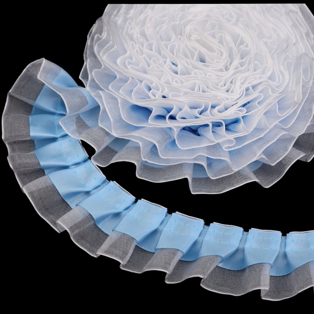 2-layer satin organza ruffle trim pleated edge ribbon, color: blue, 4cm wide decorative sewing trim