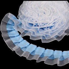 2-layer satin organza ruffle trim pleated edge ribbon, color: blue, 4cm wide decorative sewing trim