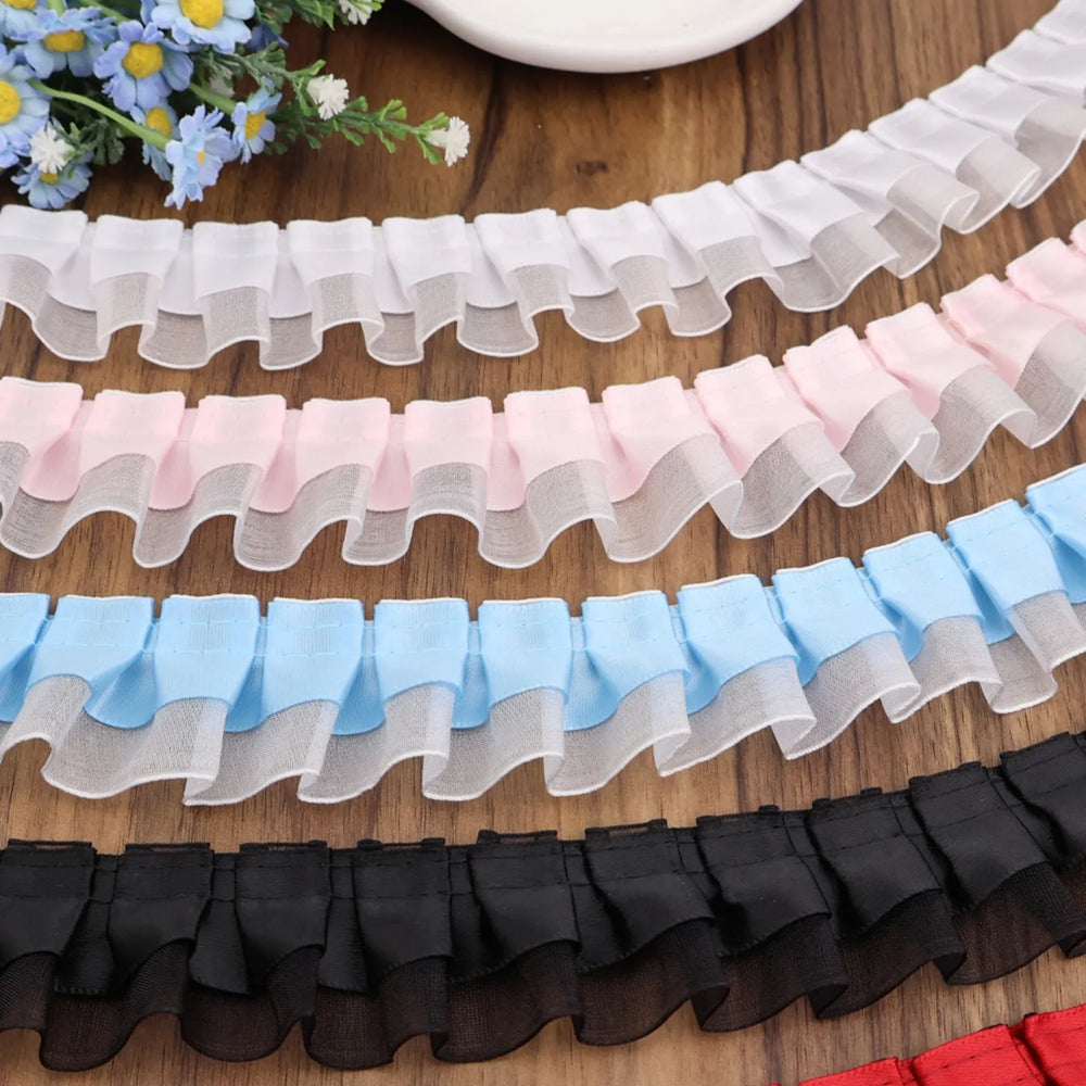 Multicolor 2-layer satin organza ruffle trim flat lay with pleated edge texture in black, pink, white and blue