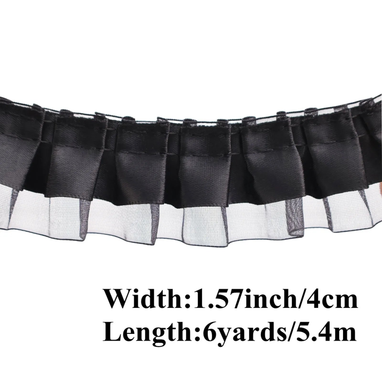 Dimension guide showing 4cm width and 6-yard length of 2-layer satin organza ruffle trim for sewing and décor