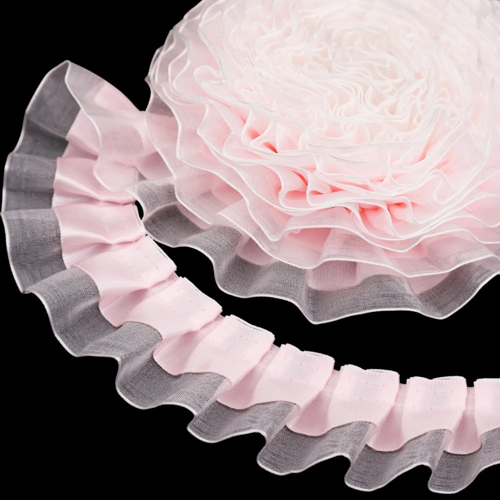 2-layer satin organza ruffle trim pleated edge ribbon, color: pink, 4cm wide decorative sewing trim
