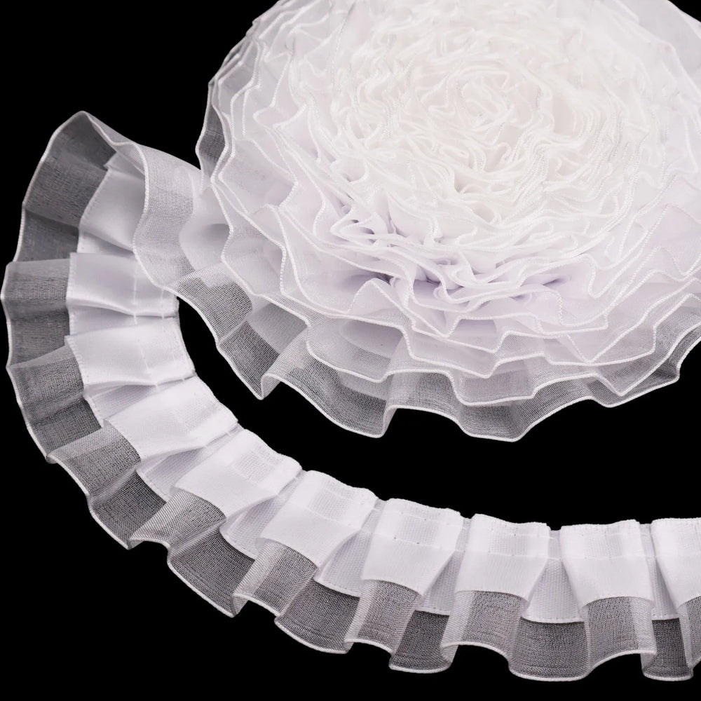 2-layer satin organza ruffle trim pleated edge ribbon, color: white, 4cm wide decorative sewing trim