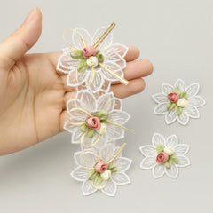 Close-up of 3D embroidered flower lace trim texture and stitching details
