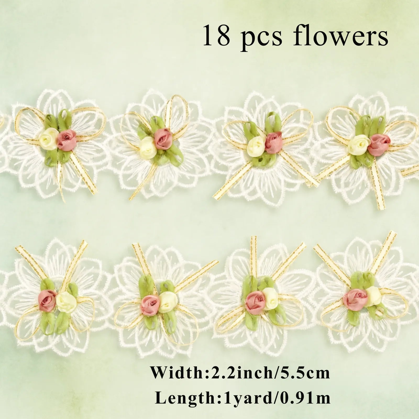 3D flower lace applique size guide showing 18pcs for embroidery and decorative sewing projects