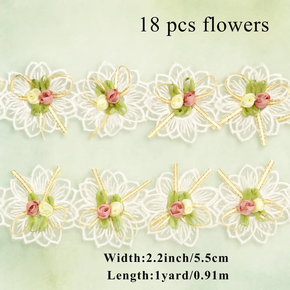 3D flower lace applique size guide showing 18pcs for embroidery and decorative sewing projects