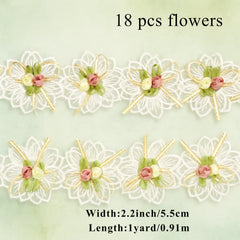 3D flower lace applique size guide showing 18pcs for embroidery and decorative sewing projects