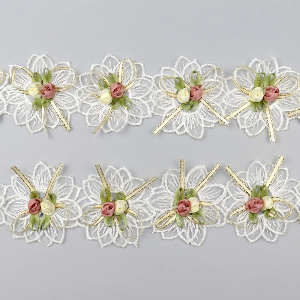 3D flower lace trim with 18 embroidered floral appliques for DIY sewing and crafts