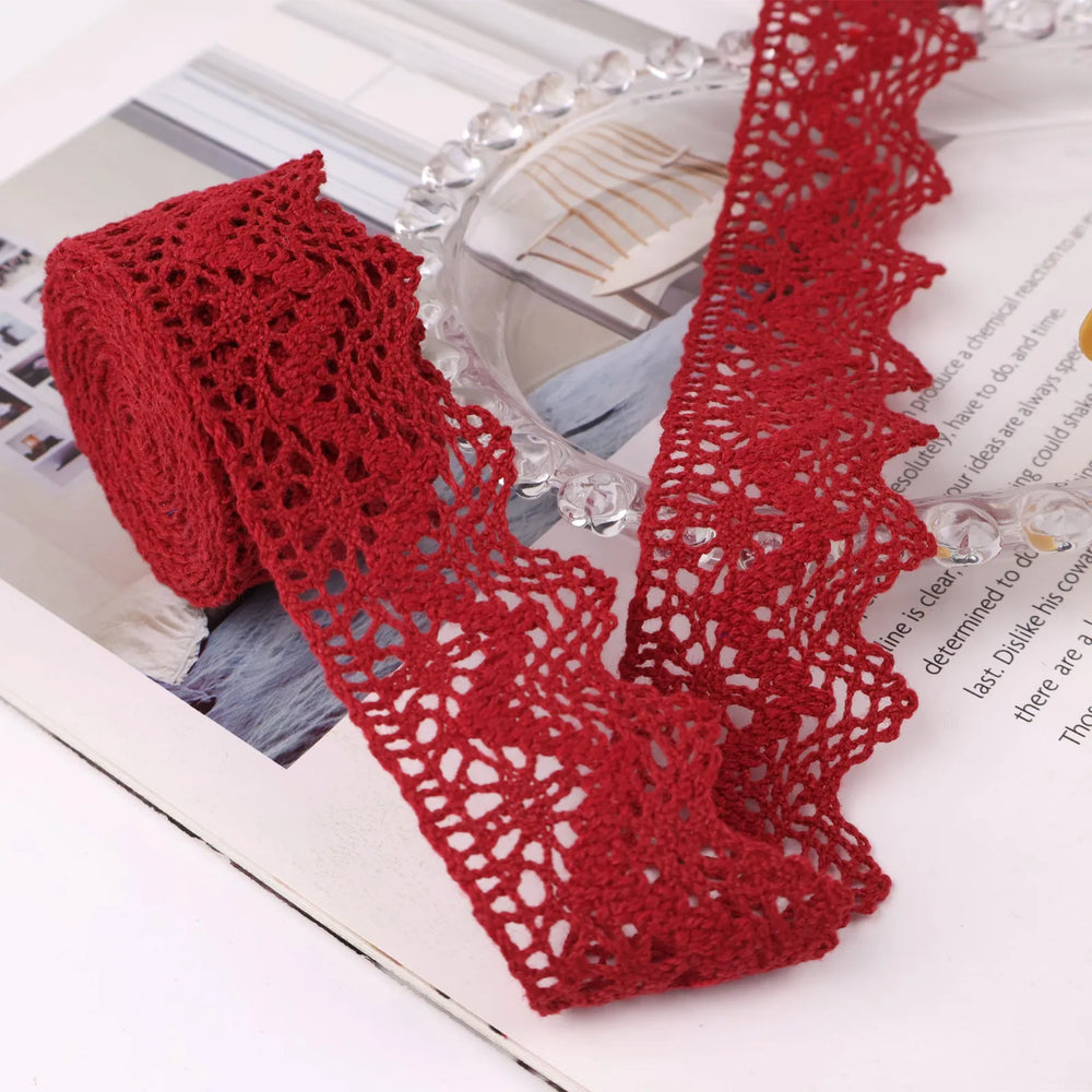 IDONGCAI cluny crochet lace trim in burgundy showing 1.5 inch wide cotton floral lace in a 2 yard length