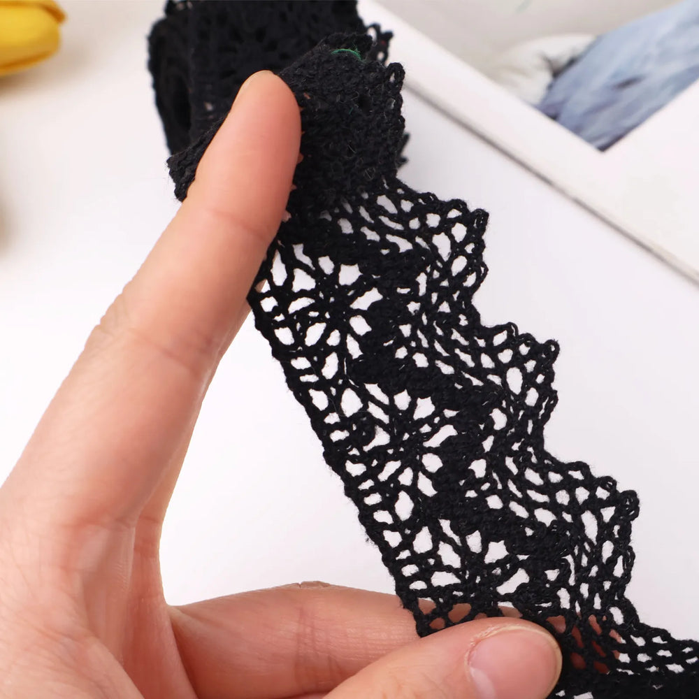 Close-up detail of IDONGCAI cluny crochet lace trim showing cotton texture and floral crochet pattern