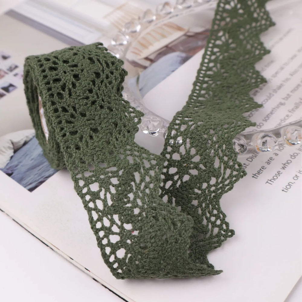 IDONGCAI cluny crochet lace trim in green showing 1.5 inch wide cotton floral lace in a 2 yard length
