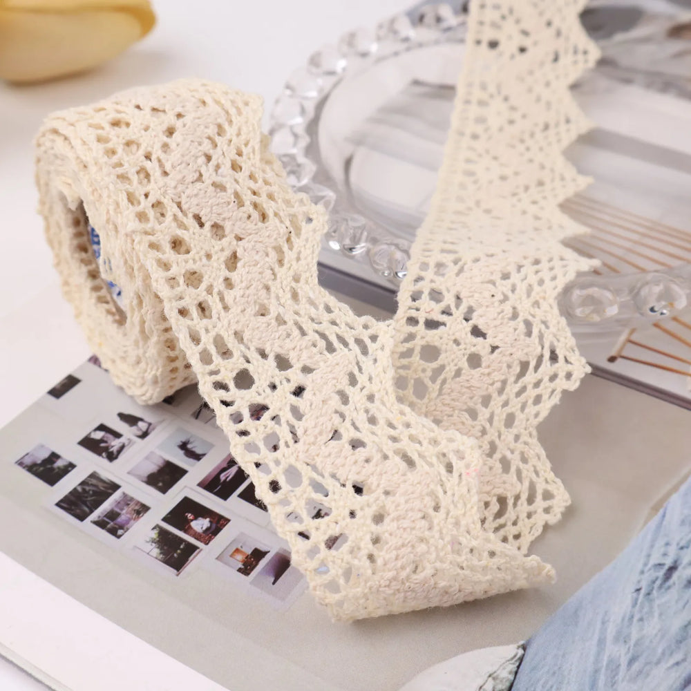 IDONGCAI cluny crochet lace trim in ivory showing 1.5 inch wide cotton floral lace in a 2 yard length
