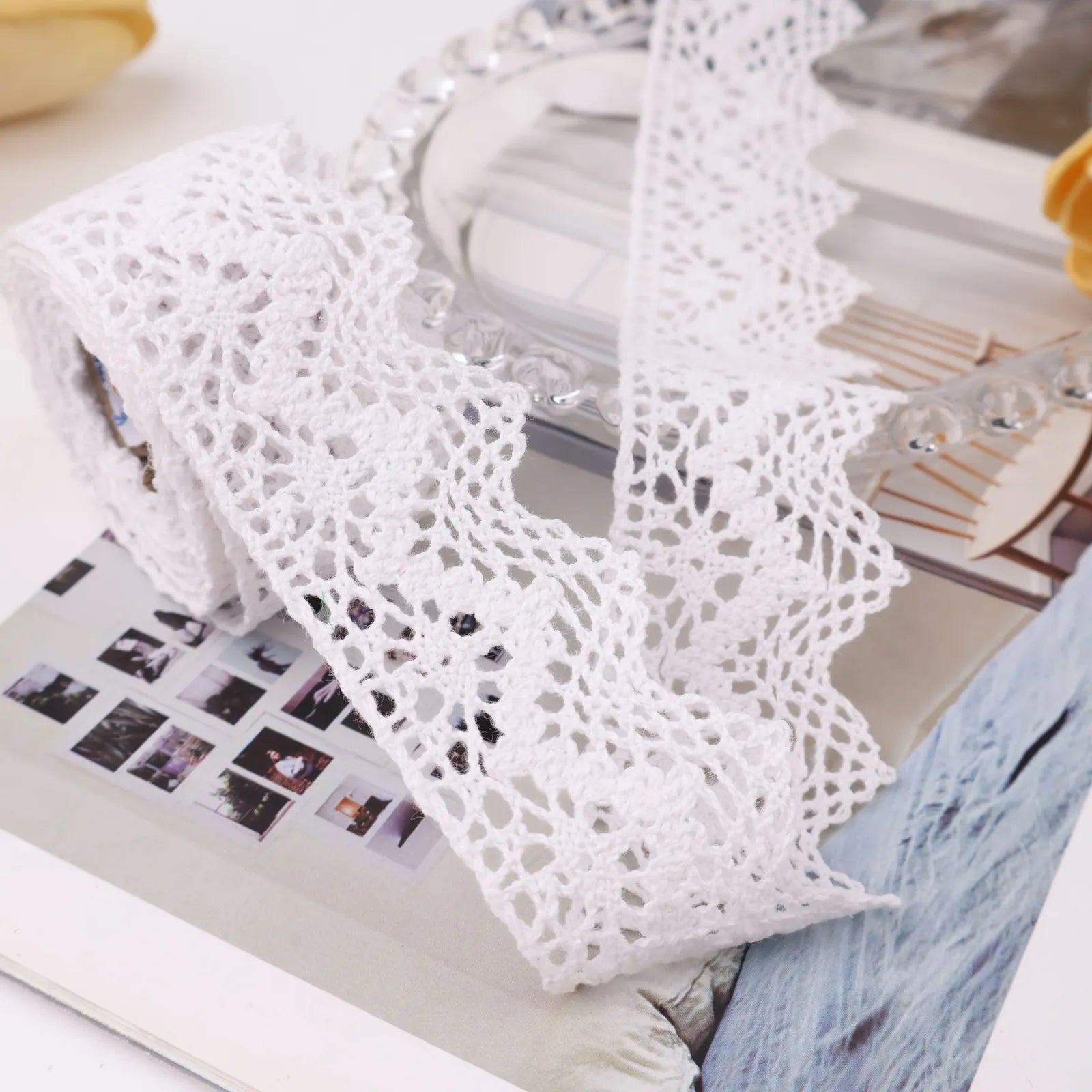 IDONGCAI cluny crochet lace trim in white showing 1.5 inch wide cotton floral lace in a 2 yard length