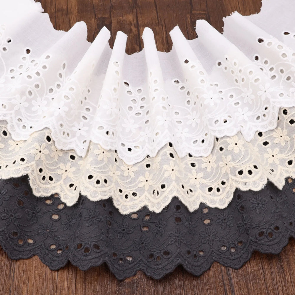 Cotton eyelet lace trim flat lay in white, ivory & black colors