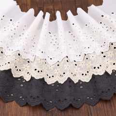 Cotton eyelet lace trim flat lay in white, ivory & black colors