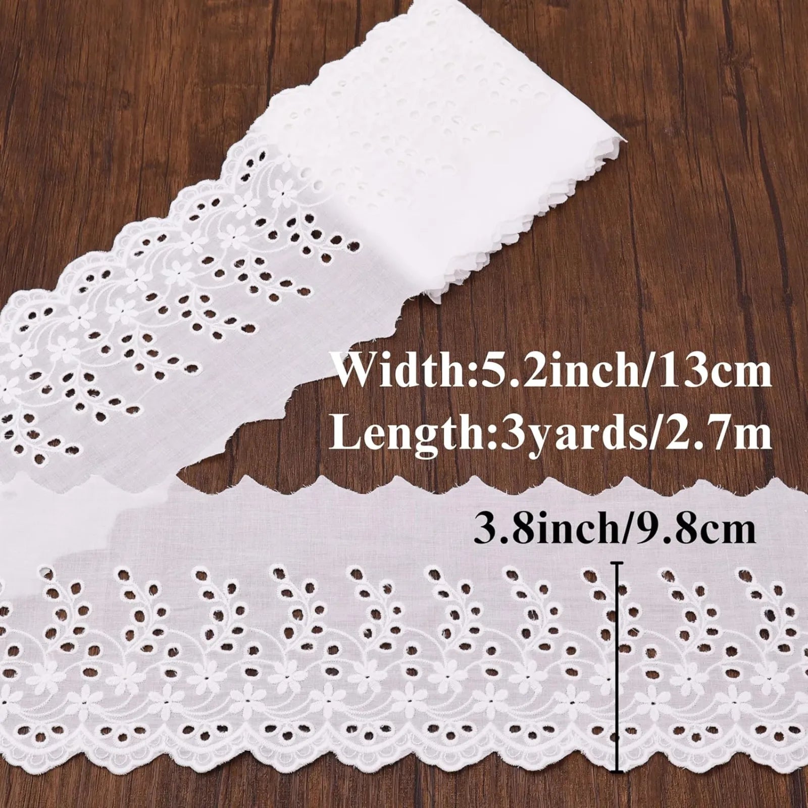 Eyelet lace trim width and length dimensions for sewing and DIY projects