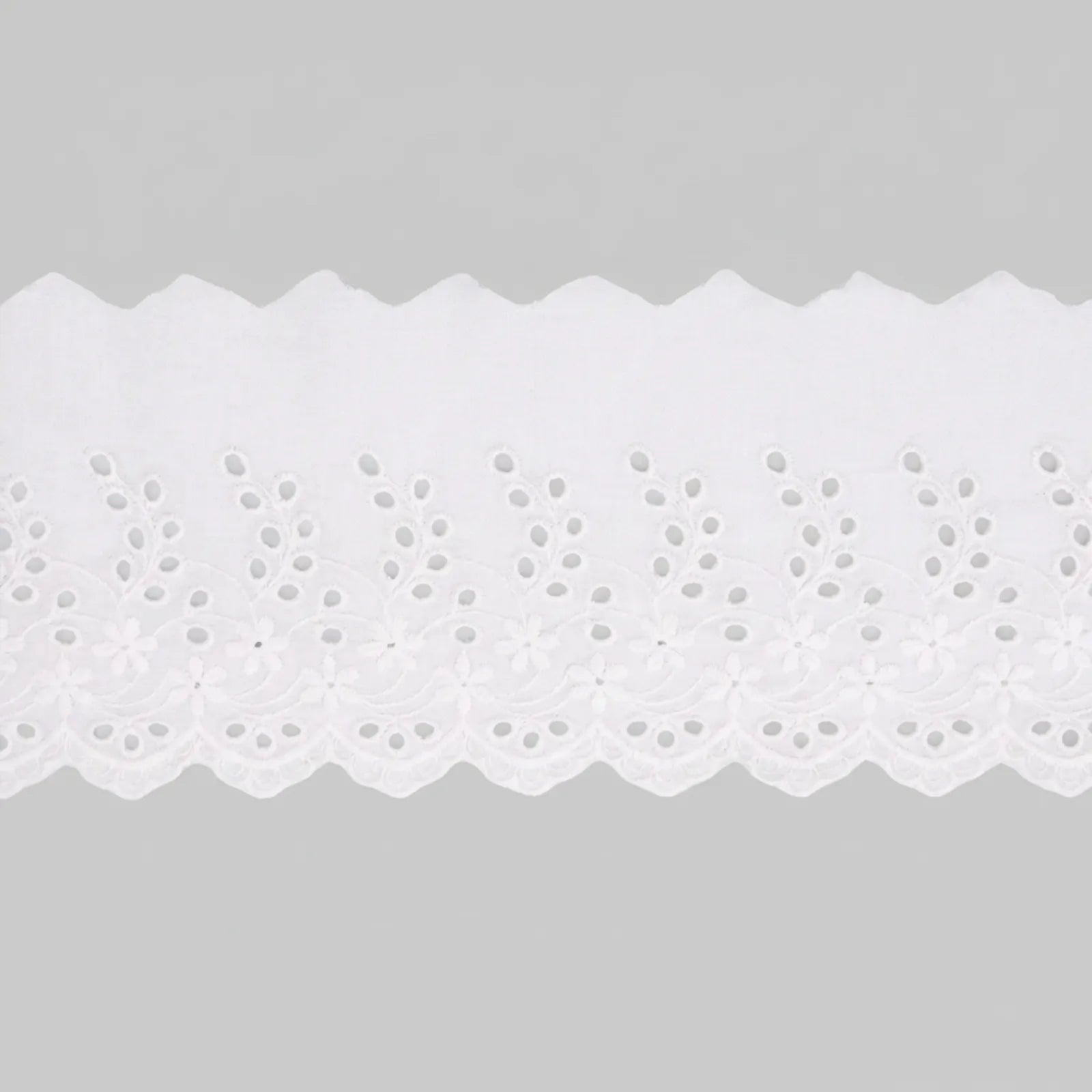 Premium cotton eyelet lace trim in white, ivory, and black, perfect for wedding dresses, blankets, pillows, and DIY crafts