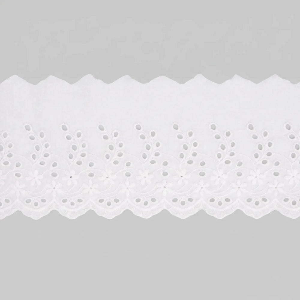 Premium cotton eyelet lace trim in white, ivory, and black, perfect for wedding dresses, blankets, pillows, and DIY crafts