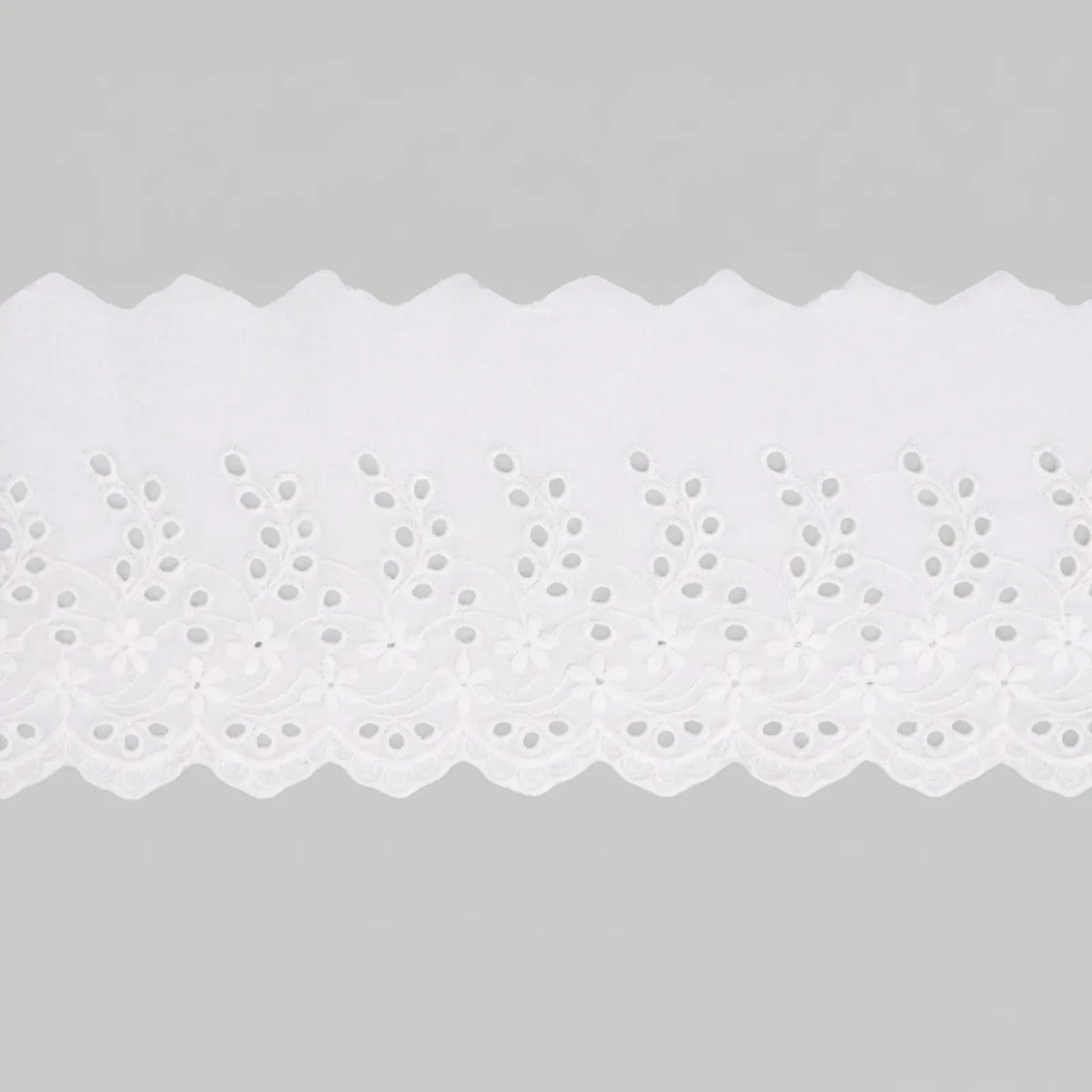 Premium cotton eyelet lace trim in white, ivory, and black, perfect for wedding dresses, blankets, pillows, and DIY crafts