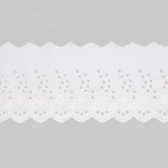 Premium cotton eyelet lace trim in white, ivory, and black, perfect for wedding dresses, blankets, pillows, and DIY crafts