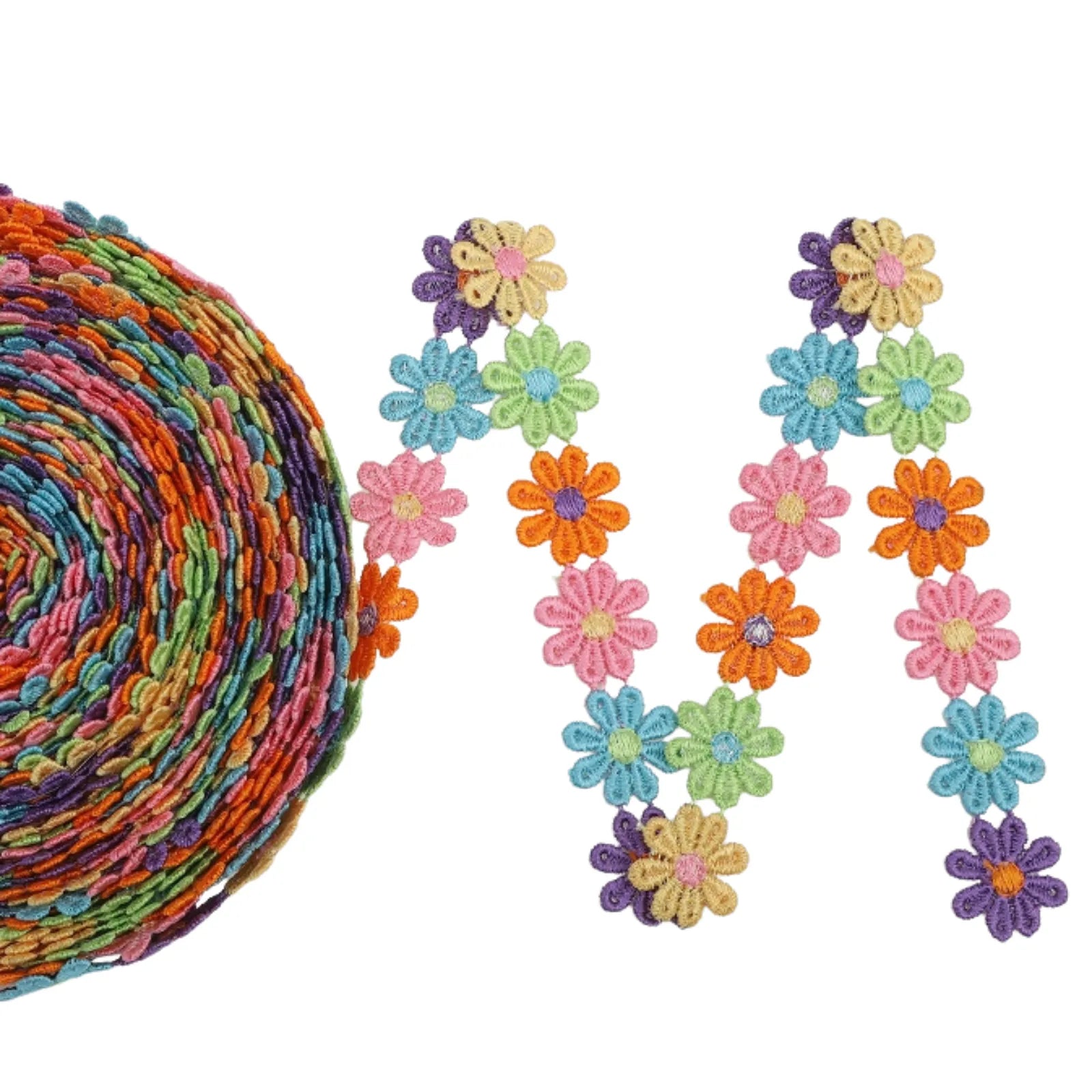 IDONGCAI Daisy Flower Lace Trim flat laid out – colorful floral ribbon ideal for crafts and sewing projects