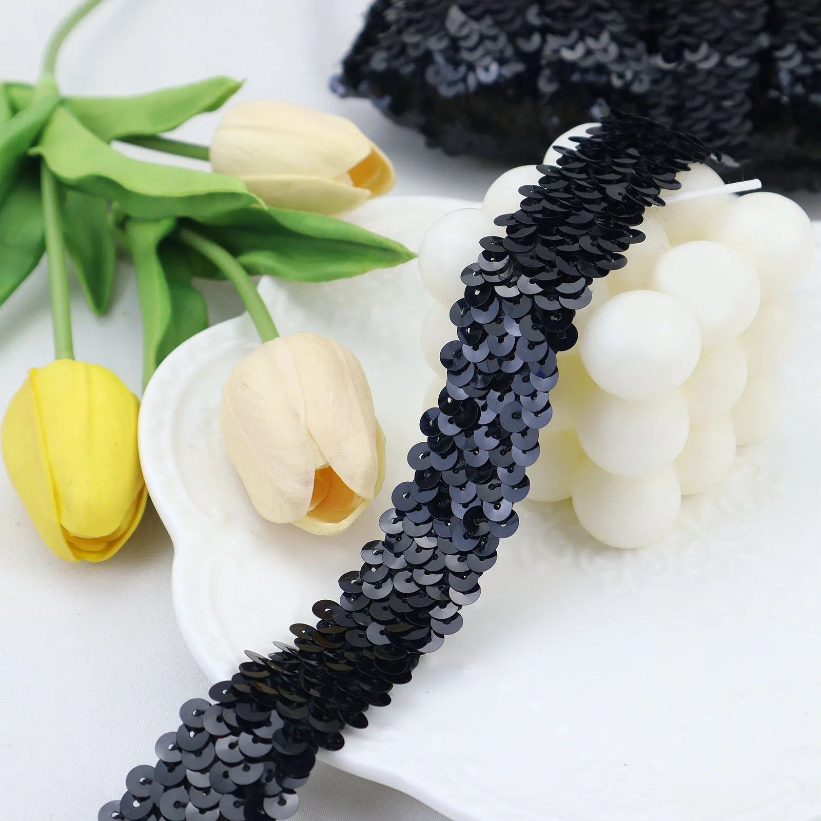 IDONGCAI elastic sequins trim with three-row metallic paillettes, 1 inch wide stretch sequin ribbon for dress making, costumes, and DIY fashion