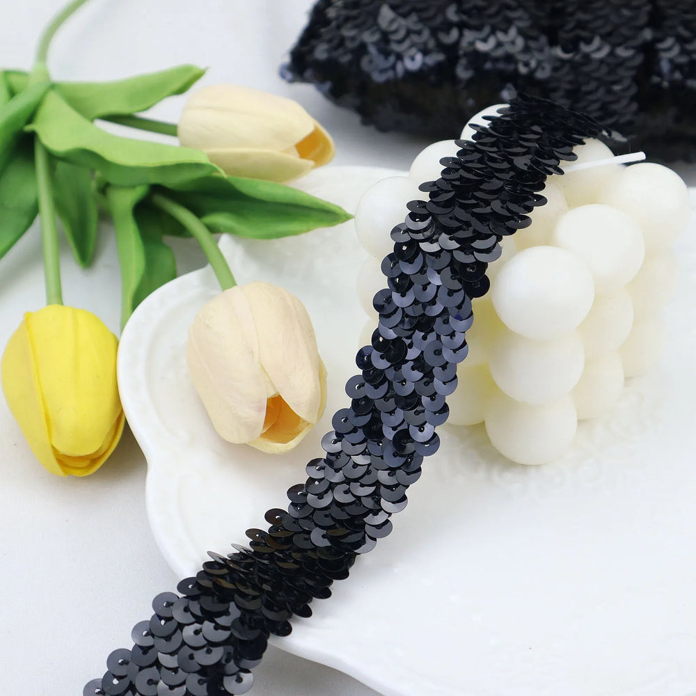 IDONGCAI elastic sequins trim with three-row metallic paillettes, 1 inch wide stretch sequin ribbon for dress making, costumes, and DIY fashion