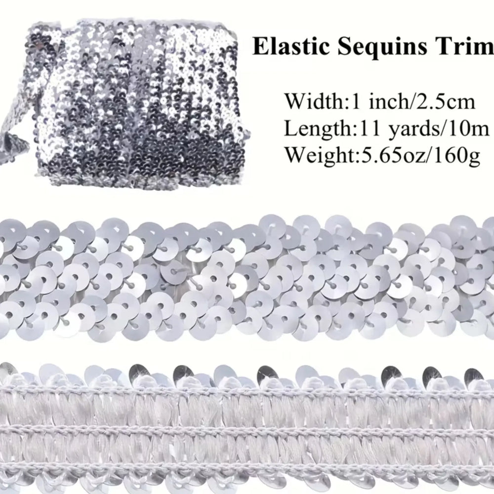 Elastic sequins trim dimensions showing 1 inch width and 11 yards length, three-row metallic stretch sequin ribbon