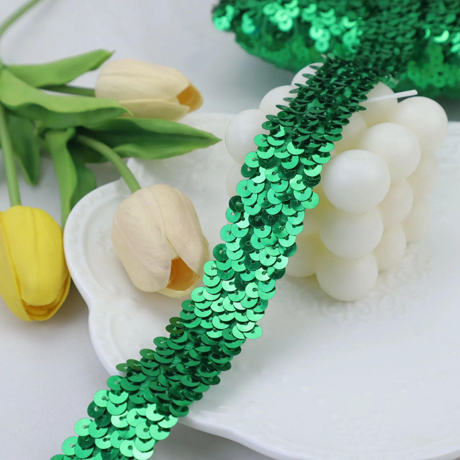 Green elastic sequins trim metallic stretch ribbon with three-row paillette design