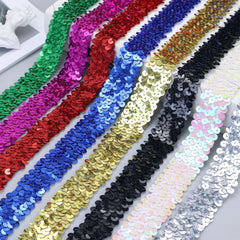 Elastic sequins trim color options including silver, gold, black, green, blue, and red metallic stretch ribbon