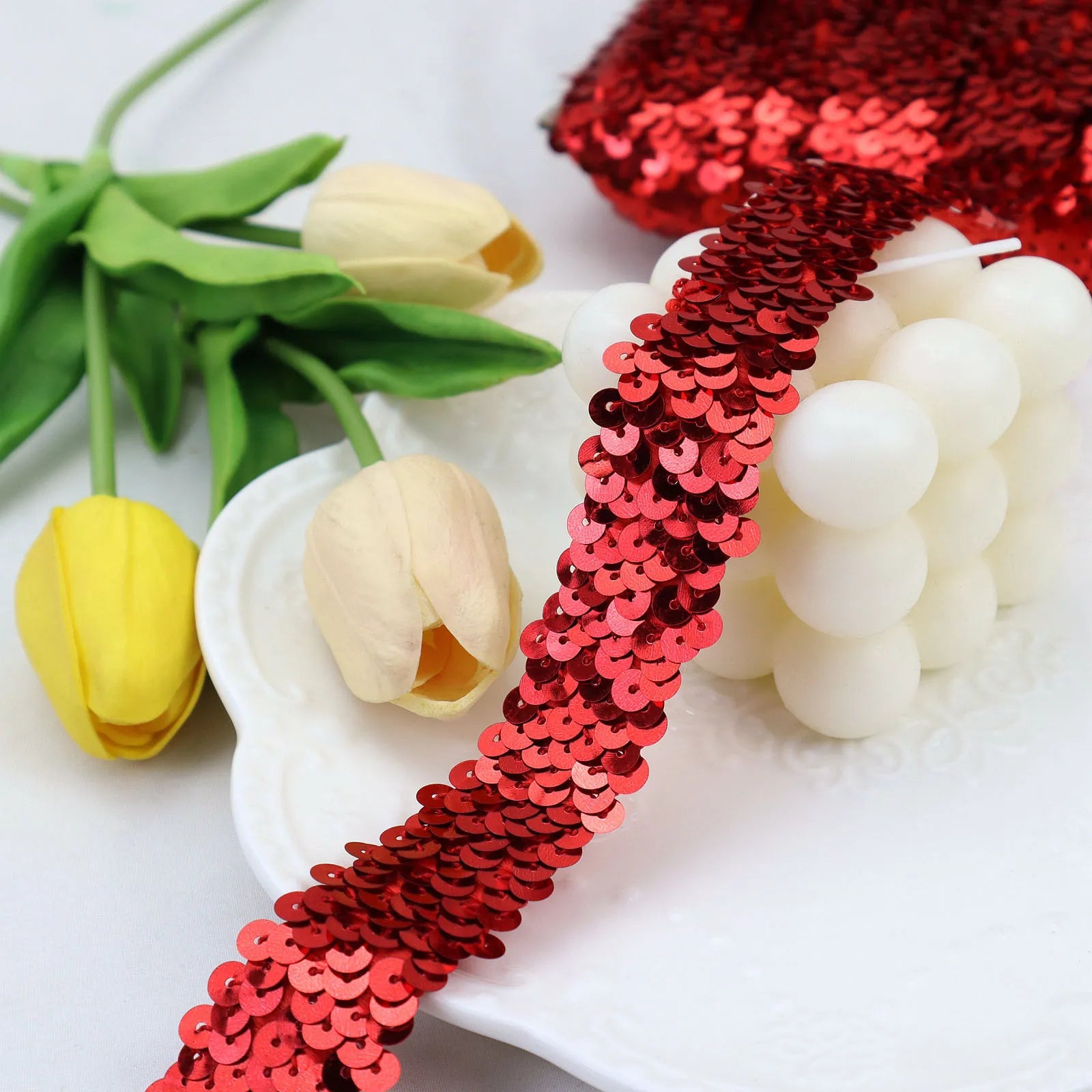 Red elastic sequins trim metallic stretch ribbon for party decoration and performance wear