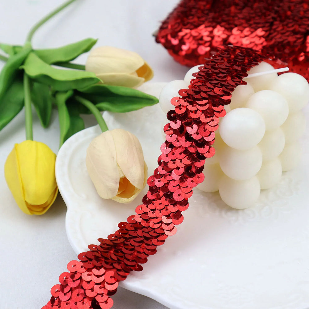 Red elastic sequins trim metallic stretch ribbon for party decoration and performance wear
