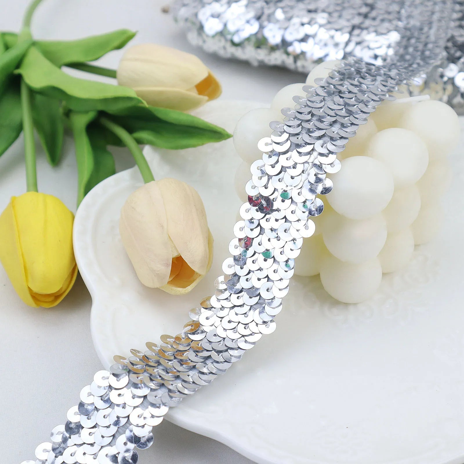 Silver elastic sequins trim with metallic paillettes, three-row stretch sequin ribbon
