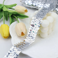 Silver elastic sequins trim with metallic paillettes, three-row stretch sequin ribbon