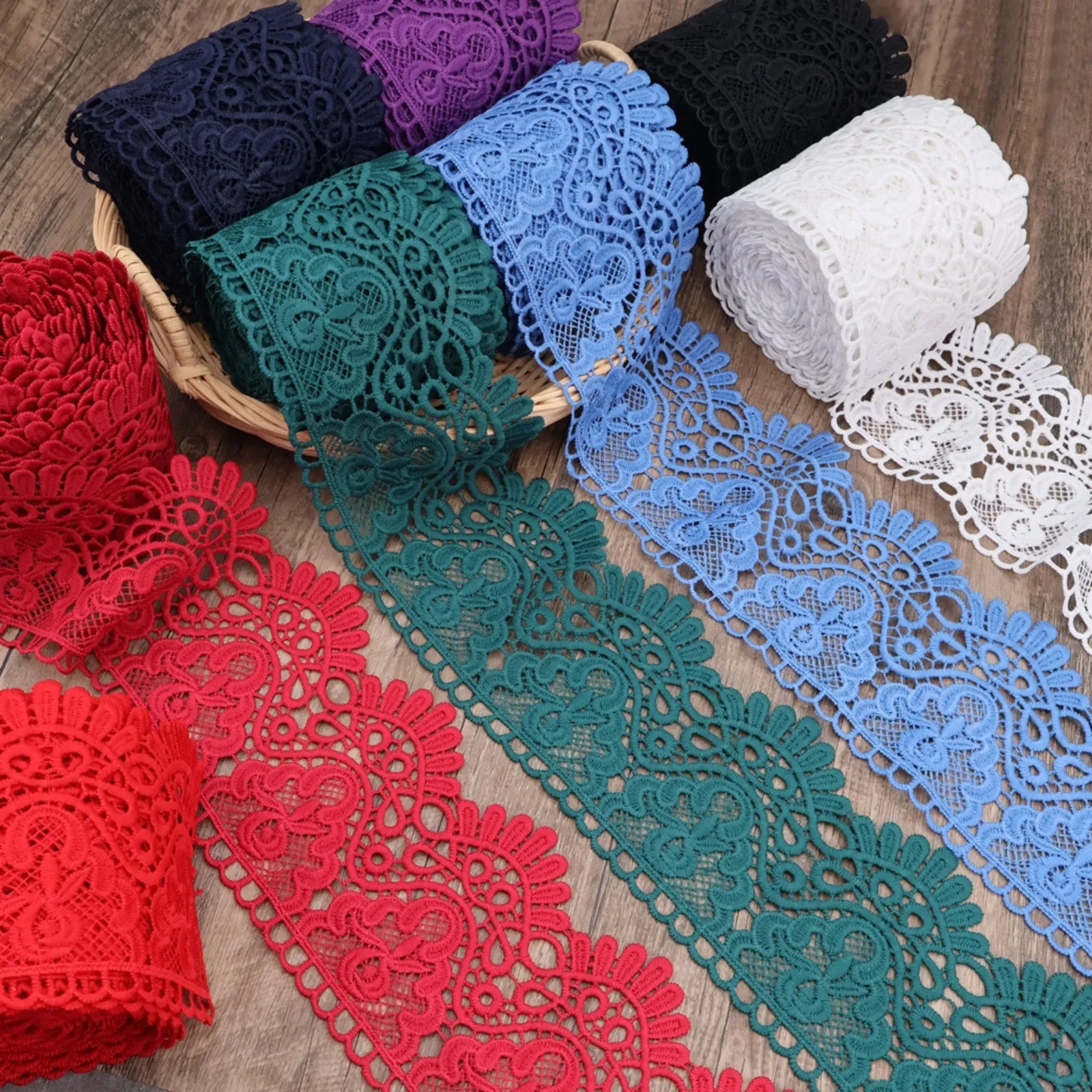 Europe Crown Venise Lace Trim flat lay showing all colors: White, Red, Black, Burgundy, Light Blue, Dark Blue, Dark Green, Purple