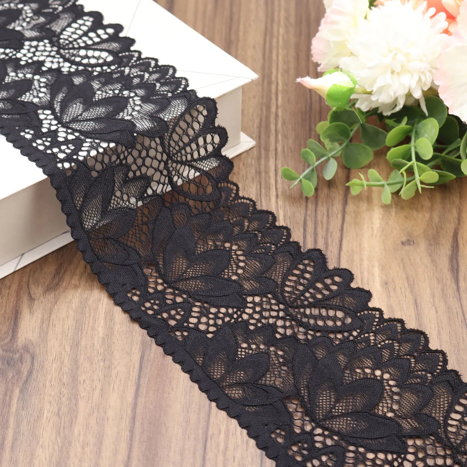 IDONGCAI Floral Elastic Lace Trim in Black, 4 Inch Wide, 10 Yards Roll, Perfect for Sewing, Bridal Decor, and DIY Crafts
