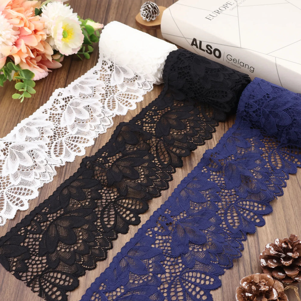IDONGCAI Floral Elastic Lace Trim single color option: White, Black, or Navy Blue