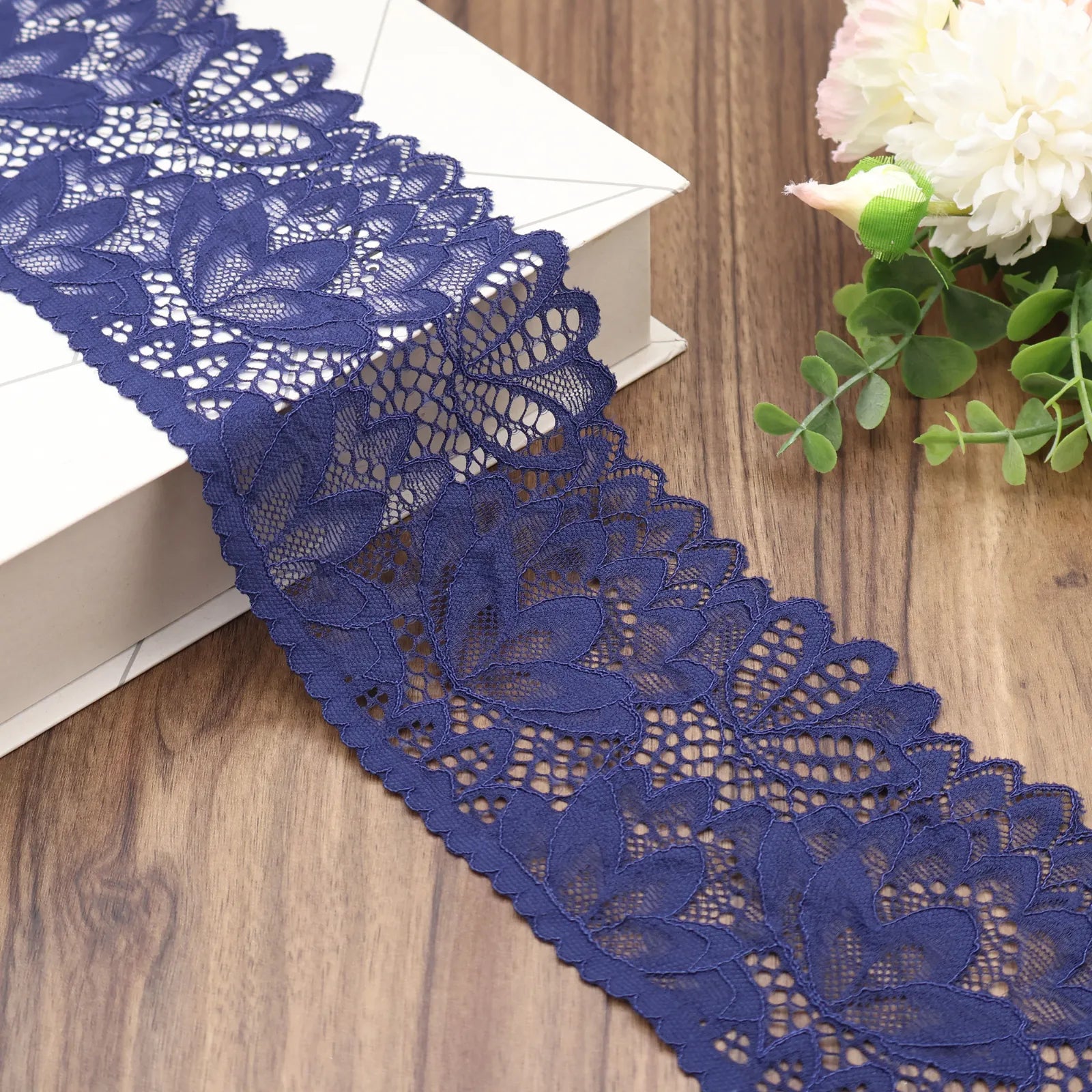 IDONGCAI Floral Elastic Lace Trim in Navy Blue, 4 Inch Wide, 10 Yards Roll, Perfect for Sewing, Bridal Decor, and DIY Crafts