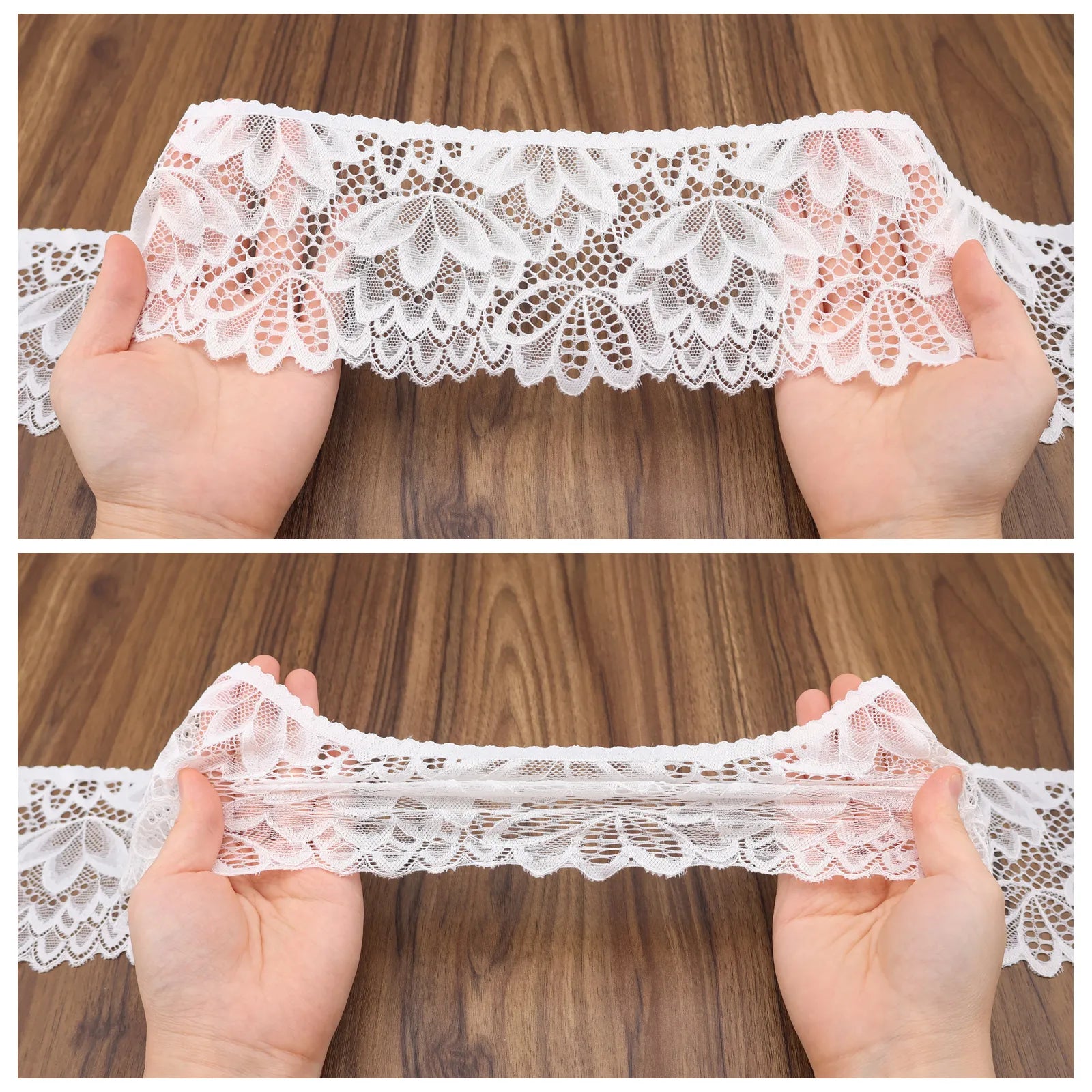 Stretch demonstration of IDONGCAI Floral Elastic Lace Trim showing elasticity and floral scalloped edge