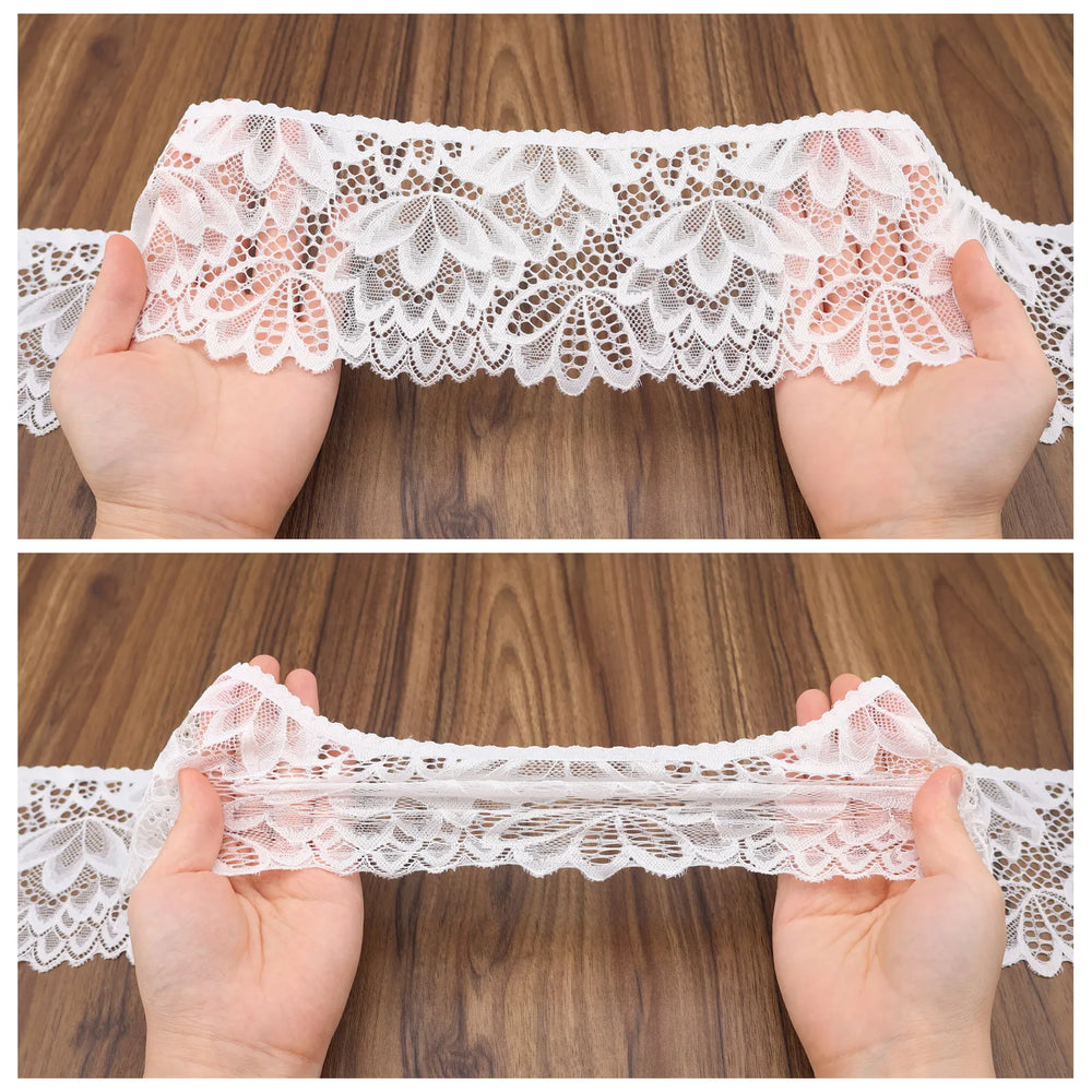 Stretch demonstration of IDONGCAI Floral Elastic Lace Trim showing elasticity and floral scalloped edge