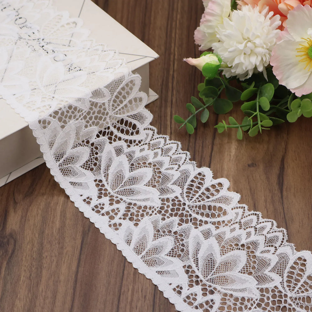 IDONGCAI Floral Elastic Lace Trim in White, 4 Inch Wide, 10 Yards Roll, Perfect for Sewing, Bridal Decor, and DIY Crafts