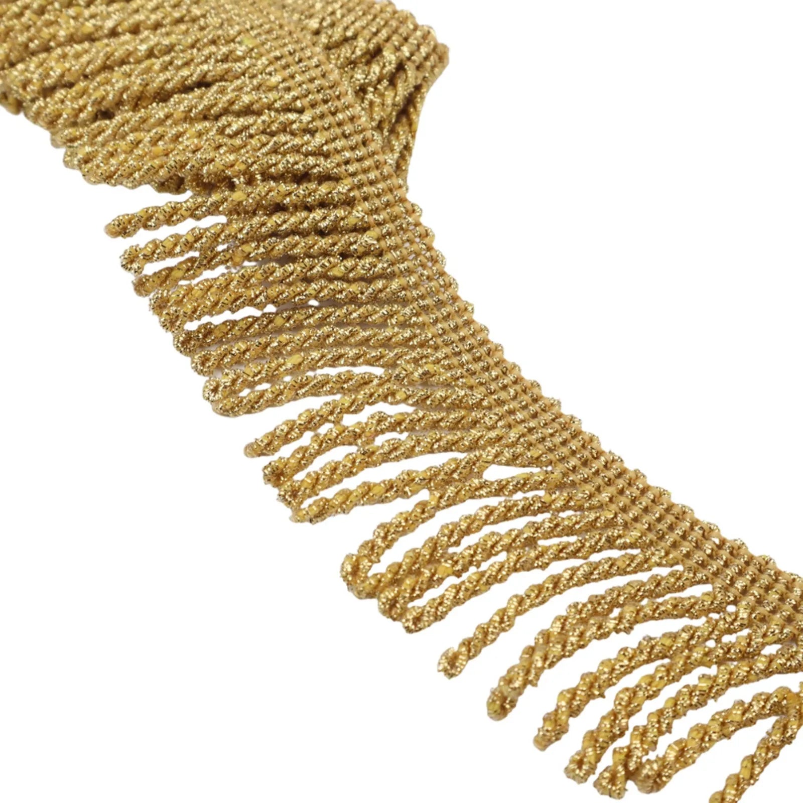 Close-up detail of metallic chainette tassel fringe trim with glitter texture