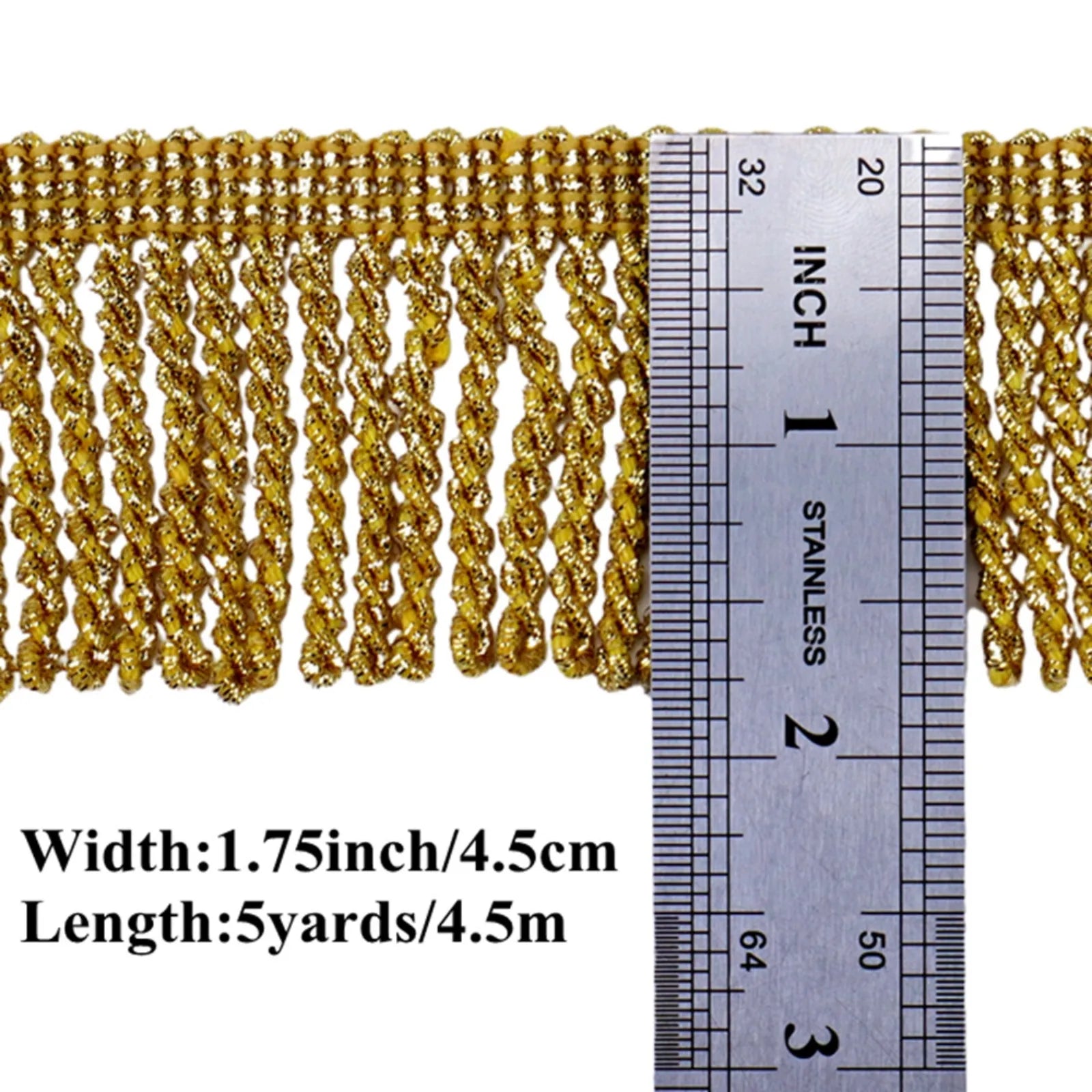 Glitter fringe trim dimensions showing 1.75 inch width and 5 yards length metallic tassel chainette trim