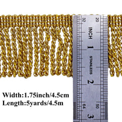 Glitter fringe trim dimensions showing 1.75 inch width and 5 yards length metallic tassel chainette trim