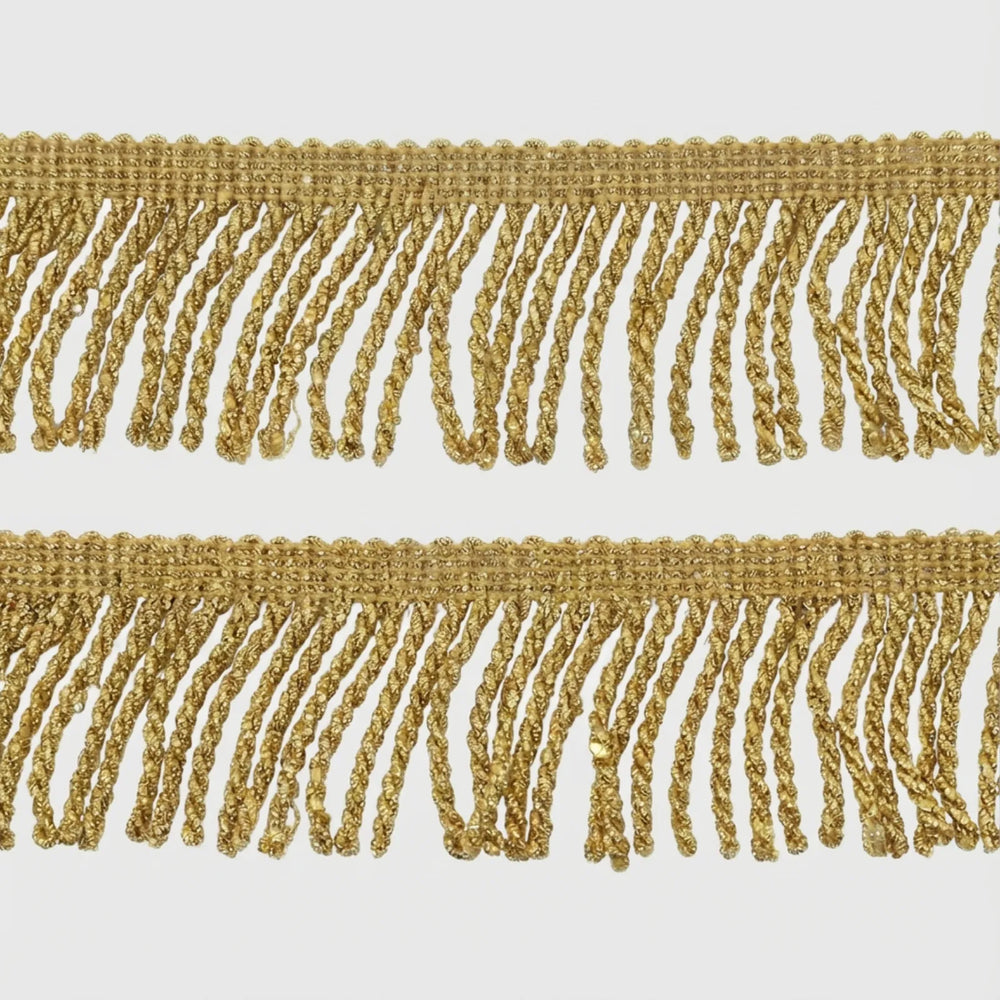 Glitter fringe trim with bullion-style metallic chainette tassels for sewing, DIY crafts, and home decoration