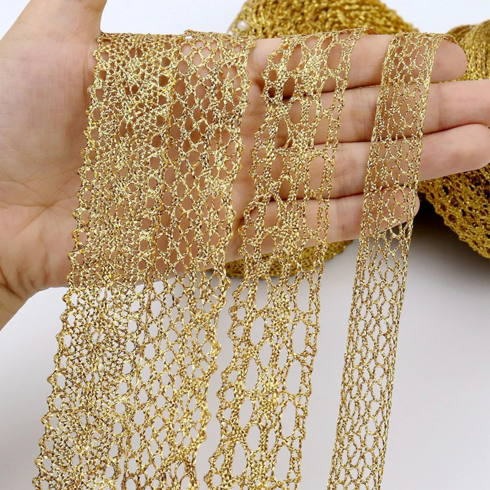 close-up of gold crochet lace detail of idongcai golden crochet lace trim set, 4 styles, 5 yards each